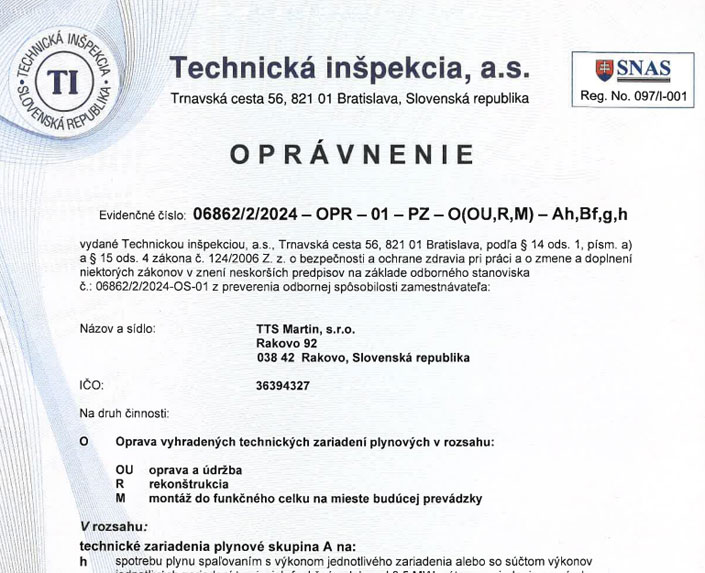 Oprávnenie na opravu vyhradených technických zariadení plynových