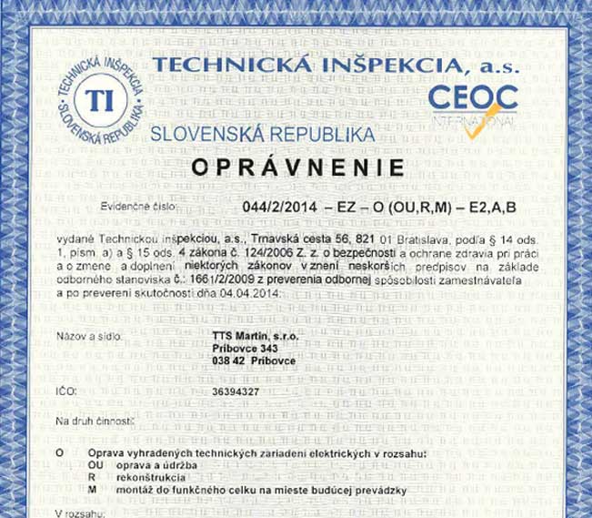 Oprávnenie na výrobu technických zariadení elektrických